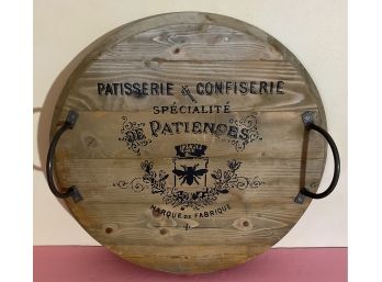 Patisserie & Confiserie Wooden Round Tray, Metal Handles