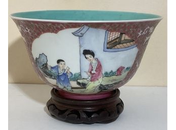 Antique Asian Bowl, Rosewood Base, Unique