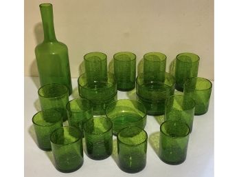 Antique, Vintage Crackled Green Glass Lot & Decanter