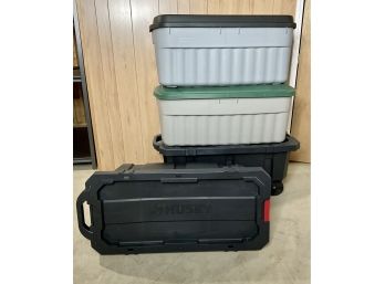Pair Of HUSKEY Heavy Duty Rolling Bins And A Pair Of RUBBERMAID Storage Bins