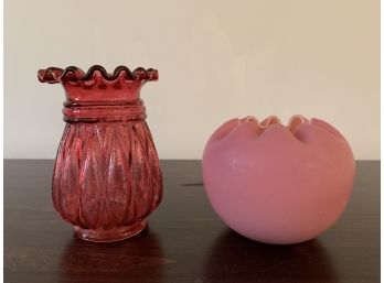 Cranberry Vase And Antique Fenton Art Glass Satin Rose Bowl