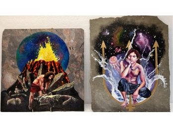 Original Acrylic On Slate Vulcan ( God Of Fire) And Poseidon (God Of The Sea) By Samantha Rehr