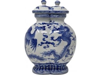 Unusual Chinese Blue White Dragon And Phoenix Double Vase