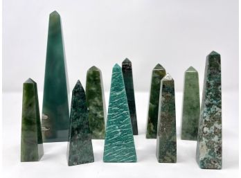 Collection Of Ten Natural Green Tone Stone Obelisks