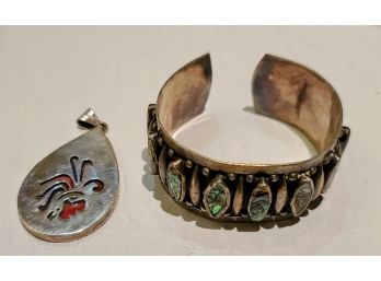 Vintage Sterling Silver Abalone Cuff Bracelet Paired With Sterling Pendant From Mexico