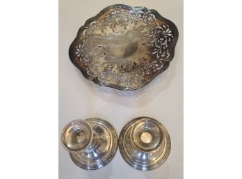 Pair Of Weighted Sterling Silver Candlesticks Paired With Sterling Bowl