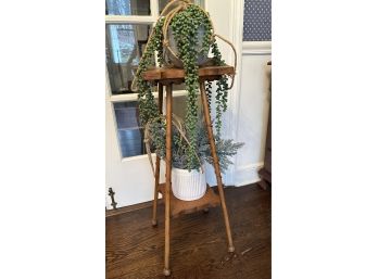 (3) Piece Vintage Wood Plant Stand With Faux Plants