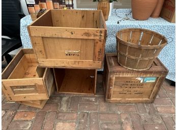 Group Of Six Vintage Crates And Apple Basket
