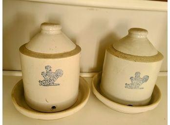 Pair Of Vintage Stoneware Chicken Feeders