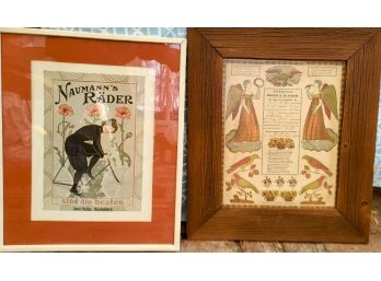 Two Vintage Prints , One Is Naumanns Bycicle Print Paired With A Bith And Baptism Print From 1852
