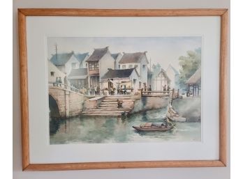 Serene Vintage Asian Watercolor Of Village Scenery Signed By Artist