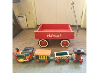 Vintage Play School Wood Wagon And Fischer Price Huffy Puffy Train