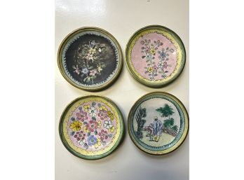 Four Vintage Chinese Cloisonn Plates Of Flowers And Figure