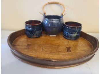Vintage Blue Asian Tea Set With Wooden Tray