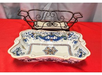 Temptations By Tara 3 Piece Serving Brown & Blue Design Set With Tray, Trivet And Metal Rack