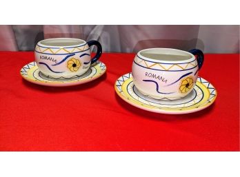 Set Of (2) Romana Sambuca Ceramic Coffee Mugs & Saucers