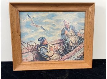 Vintage Framed Print Fisherman In Boat