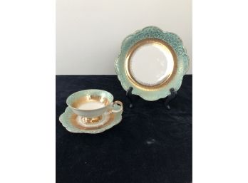 Eberthal Bavaria Mint Gold Porcelain Tea Cup Saucer And Dessert Plate Set