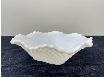 Vintage Diamond Pattern Square MilkGlass Dish Bowl With Ruffled Rim