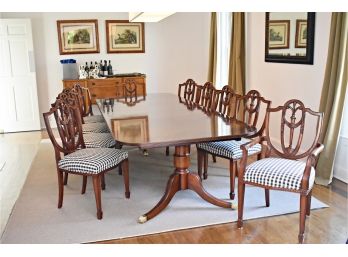 Elegant Polished Mahogany Double Regency Pedestal Dining Table & Ten 'Prince Of Wales' Shield Back Chairs  ($12,911 Retail)