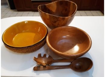 Terre Provence Pottery, Wooden Serving Bowls And Utensils And Ceramic Bowl In Basket