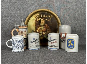 A Great Collection Of German Beer Steins & A Vintage Bar Tray
