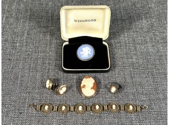 Vintage Cameos: Pins, Earrings, Bracelet & More Including Wedgwood Jasperware