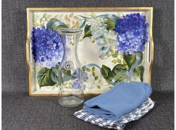 A Lovely Grouping Of Entertaining Items: Hand-Painted Floral Tray, Glass Carafe & Towels