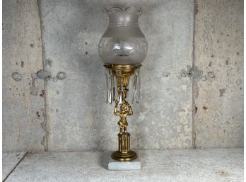 A Vintage Candle Holder With A Figural Body & Etched Shade, Pendant Drops