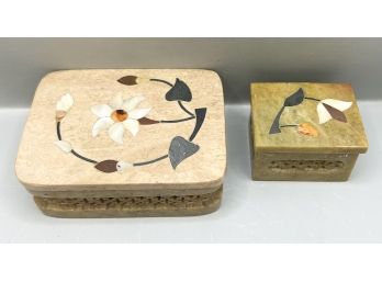 2 Beautiful Vintage Marble Trinket Boxes W/ Mother Of Pearl Inlay