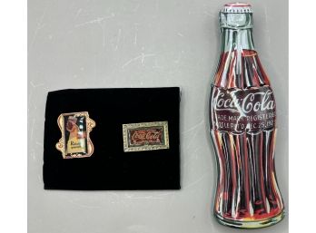 2 Coca Cola Collectable Pins & Cola Pen