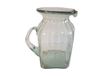 Light Green Blown Glass Ribbed Handled Beverage Pitcher