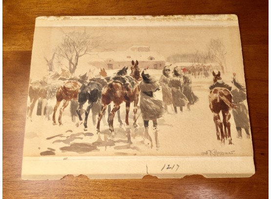 Unframed 1908 Watercolor Of A Winter Scene With Horses And Cossacks By Karl Hassmann (1868-1933)
