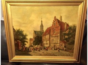 Oil On Canvas Of A Dutch Village Scene