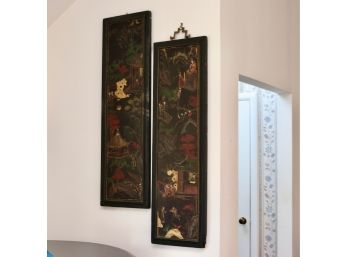 Set Of 2 Chinese Wood Wall Art Black Matte With Gold, Crimson And Hunter Green Scene