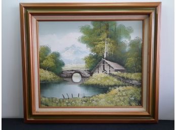 Signed Oil On Canvas Landscape Of Bridge Over The Water