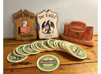 Vintage Tavern Signs, Schaffer Holder And Heineken Coasters