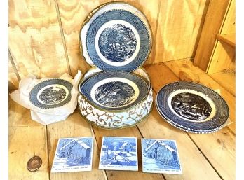 Beautiful Antique CURRIER AND IVES Royal Ironstone Plates And More