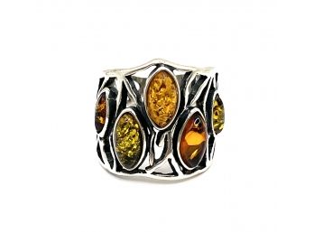 Gorgeous Vintage Sterling Silver Amber Color Ornate Ring, Size 7.75