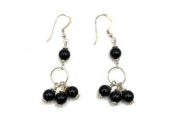 Vintage Sterling Silver Black Beaded Dangle Earrings