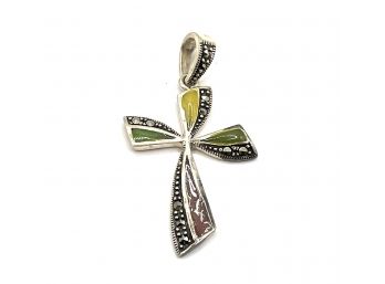 Vintage Sterling Silver Multi Color Inlay Marcasite Cross Pendant