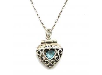 Vintage Italian Sterling Silver Chain With March Birthstone Heart Shaped Pendant