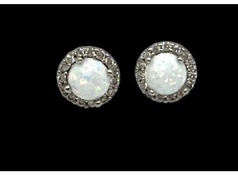 Vintage Sterling Silver Opal Color And Clear Stones Stud Earrings