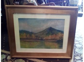 Framed Fall Landscape Scene Print With Hilly Range, Trees & Waterway Shows Artist Signature Print BS/WAD