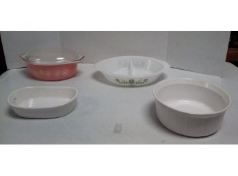 Pink Lidded Pyrex 1-1/2 Qt. Casserole, Corning Ware 1-1/2 Qt Bowl, Divided Glass Dish & Small Bowl  BS E5