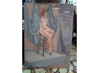 Original Nude Oil On Canvas - Sitting Model With An Artist In Background  BS/WAD