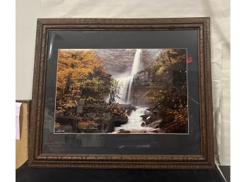 Excellent Print Of Water Falls From The Hill With Fall Colors Tress In A Wooden Framed. BS/WA-c