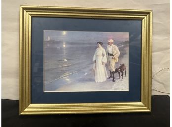 Beautiful Summer Evening On The Beach A Women, Men And A Dog Print In A Wooden Frame. BS/WA-B