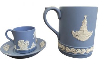 Wedgwood Blue Jasperware Mug, Demitasse Cup & Saucer