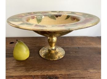Large Signed Hand Painted Pedestal Art Glass Bowl By Lesley Roy